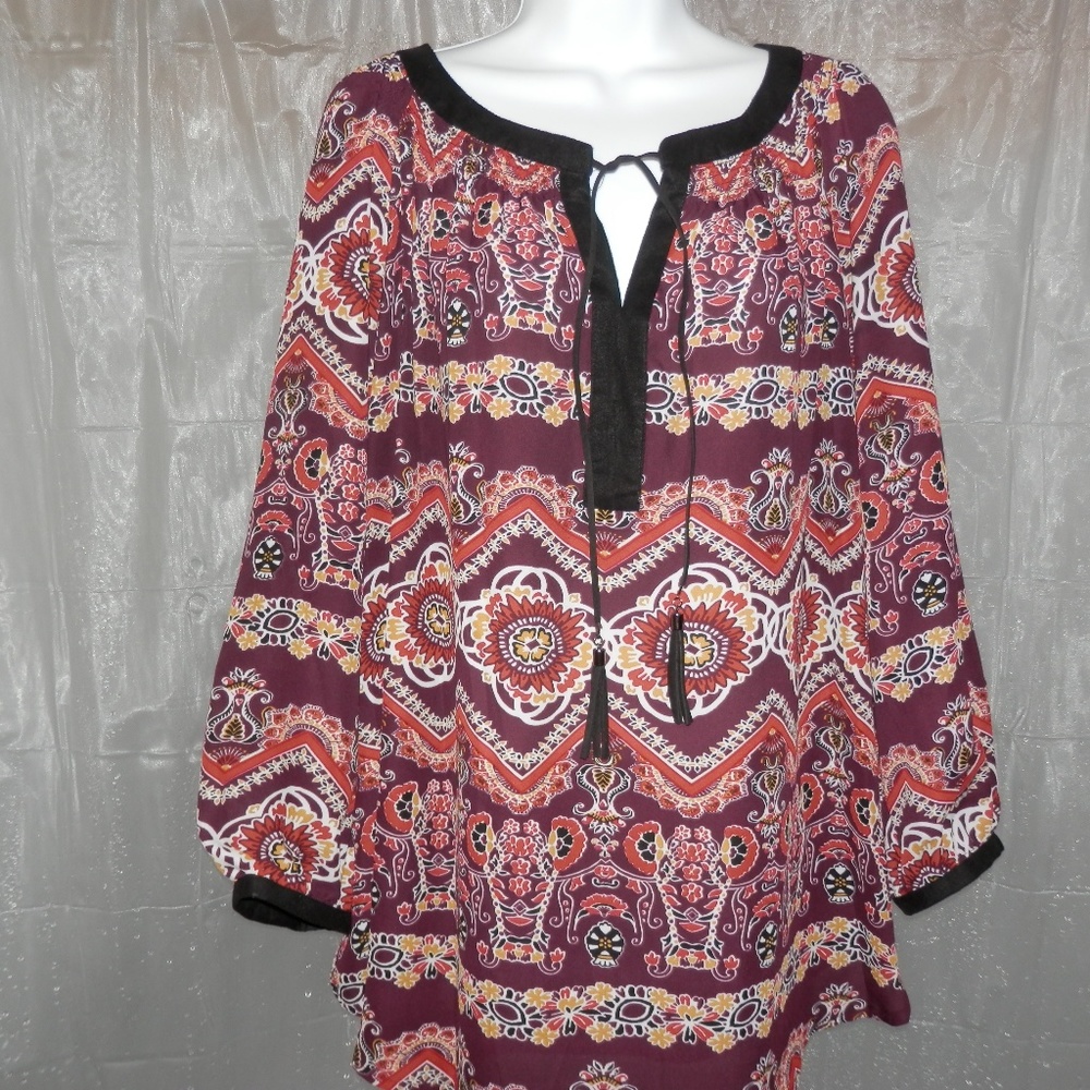 Zac & Rachel Burgundy Boho Printed Peasant Top with Black Trim